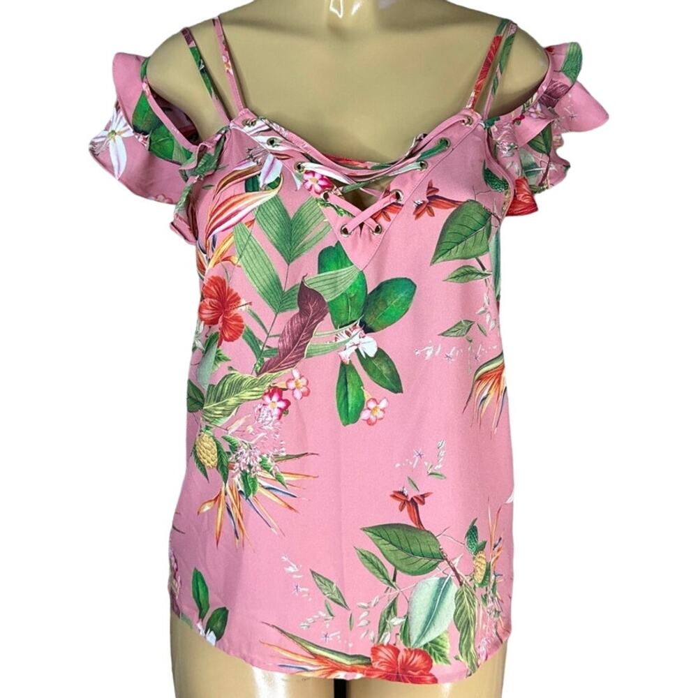 Express Flutter Sleeve Tank Top Pink Tropical Floral Size Medium